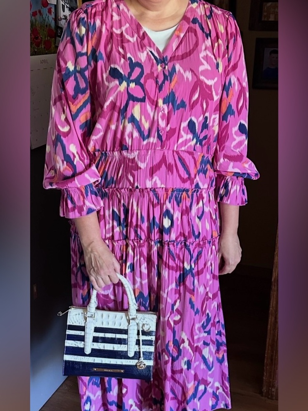 Chico's Hot Pink Ikat-Print Dress with Navy Accents